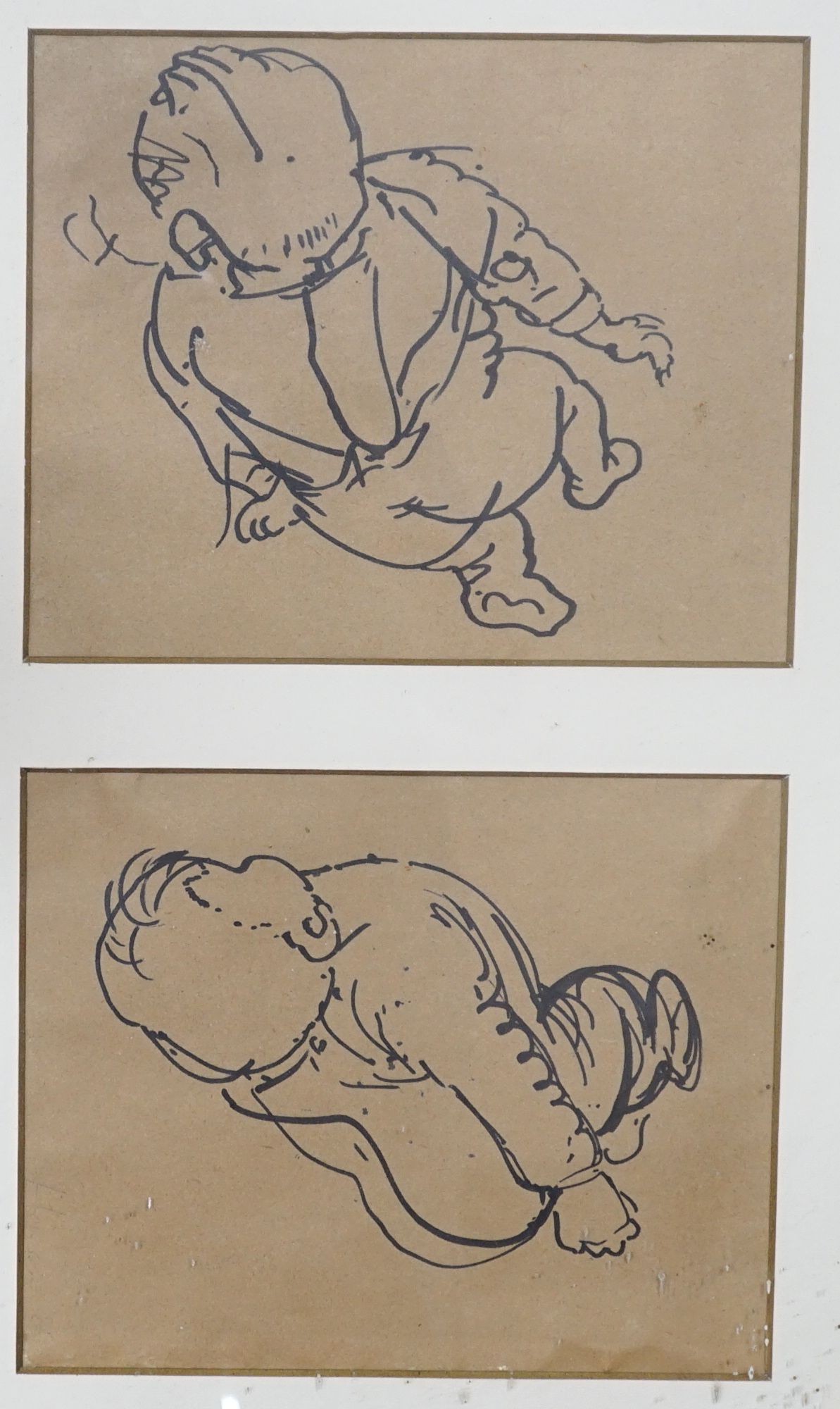 Peter Howson (b.1958), two pen and ink drawings, Studies of an infant, each 26 x 21cm, framed as one.